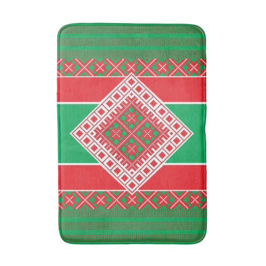 ラトビアフォークアート赤と緑の幾何学的メダリオン バスマット (正面縦)