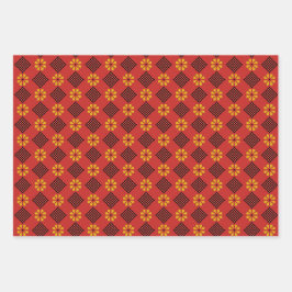 ラトビアヴィンテージオレンジとブラックフォークアートパターン ラッピングペーパーシート