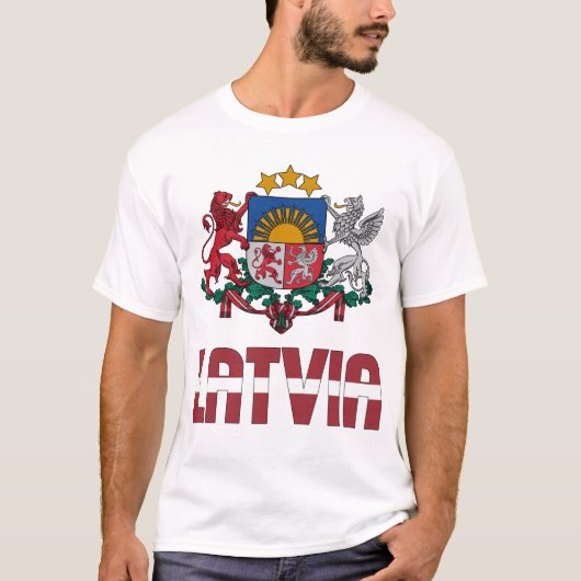 ラトビア国旗と紋章の愛国心 Tシャツ (正面)