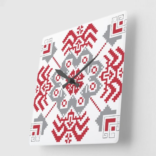 ラトビア・アウセキリスフォークアート幾何学的メダリオン スクエア壁時計 (傾斜)