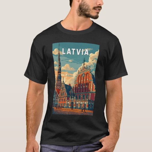 ラトビア イラスト 旅行 アート ビンテージ Tシャツ (正面)