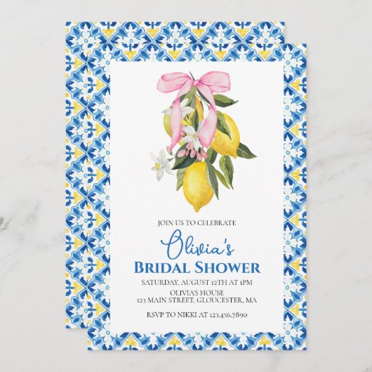 ラドルチェヴィタレモンピンクボウブライダルシャワー 招待状 (正面/裏面)