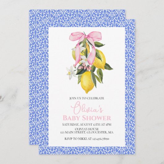 ラドルチェヴィタレモンピンクボウベビーシャワー 招待状 (正面/裏面)