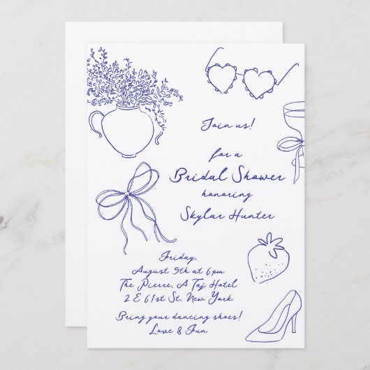 ラドルチェヴィータレトロコバルトブルーRSVPブライダルシャワー 招待状 (正面/裏面)