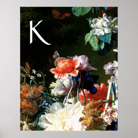 ラナモネ、フラワーズ、バタフライ ブラック フローラル モノグラム ポスター (正面)