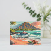 ラニアカビーチオアフハワイ水彩火山 ポストカード (スタンド正面)