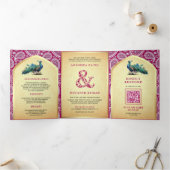 ラニピンクペイズリーインディアンピーコックQRコード結婚ズ 三つ折り招待状 (内部)