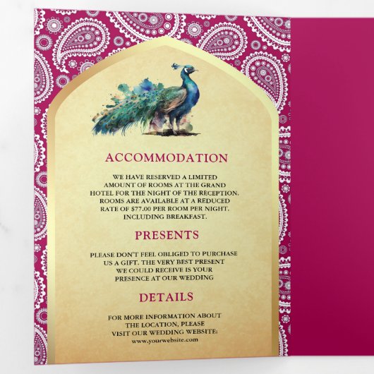 ラニピンクペイズリーインディアンピーコックQRコード結婚ズ 三つ折り招待状 (内部最初)