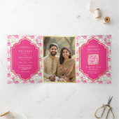 ラニピンク花柄QRコードインディアン結婚ズ 三つ折り招待状 (内部)