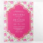 ラニピンク花柄QRコードインディアン結婚ズ 三つ折り招待状 (内部最初)