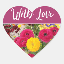 ラヌンキュラス花の赤いフローラと愛 ハートシール