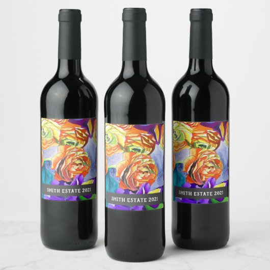 ラヌンキュラス虹彩水彩フローラワインラベル ワインラベル (ボトル)