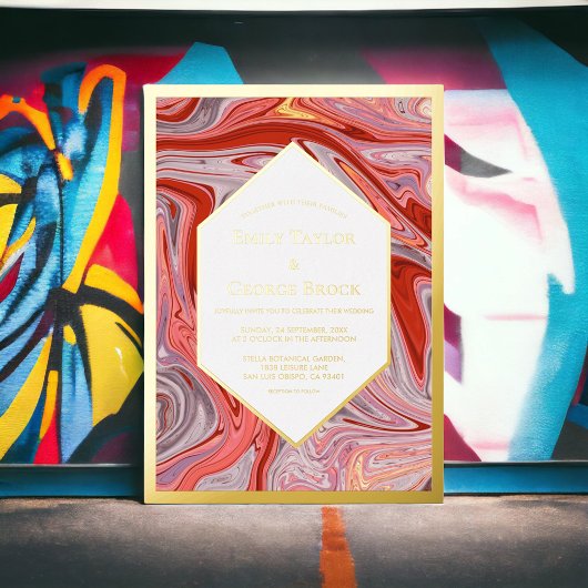 ラバモダンミニマルカラフル抽象芸術結婚金ゴールド 箔招待状