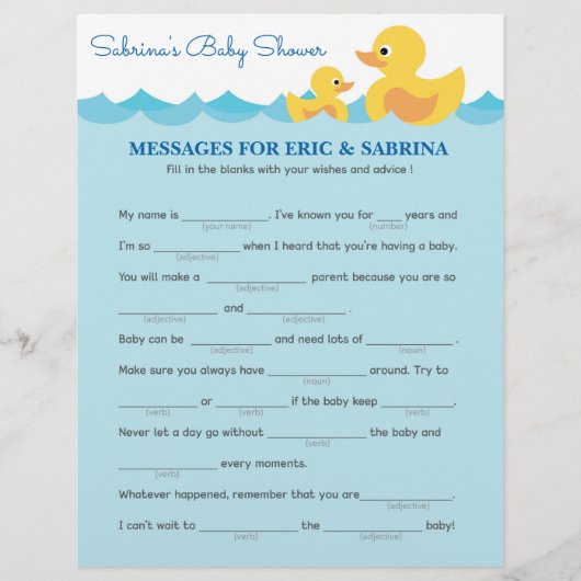 ラバーアヒルの赤ちゃんシャワーを親に伝えるメッセージ (正面)
