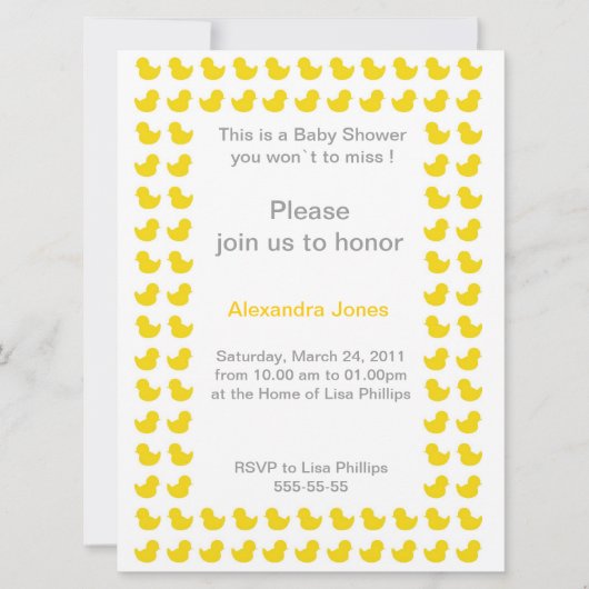 ラバーダッキー（アヒルちゃん）のベビーシャワー（黄色）への招待 招待状 (正面)