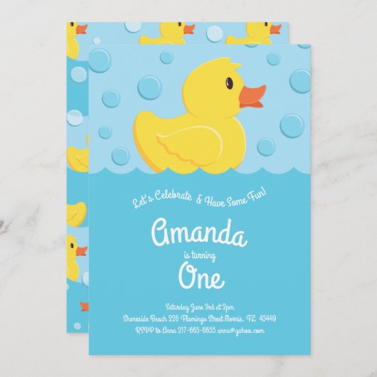 ラバーダッキー(アヒルちゃん)カウトキッド第1誕生日パーティーダック 招待状 (正面/裏面)