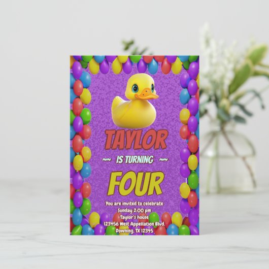 ラバーダックかわいいパーソナライズされた誕生日招待状キッズ 招待状 (スタンド正面)