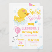 ラバーダックの最初の誕生日パーティピンクイエロー 招待状 (正面/裏面)