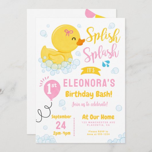 ラバーダックの最初の誕生日パーティピンクイエロー 招待状 (正面/裏面)