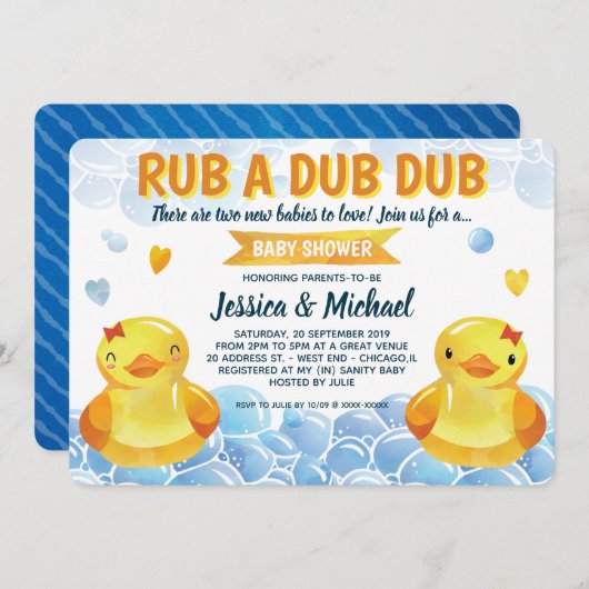 ラバーダックガールズツインズベビーシャワー 招待状 (正面/裏面)