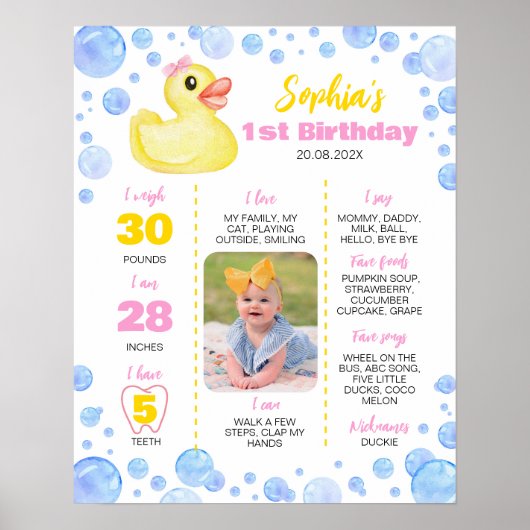 ラバーダックガールファースト誕生日マイルストーンサイン ポスター (正面)