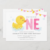 ラバーダックガール最初の誕生日パーティピンクイエロー 招待状 (正面/裏面)
