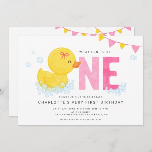 ラバーダックガール最初の誕生日パーティピンクイエロー 招待状 (正面/裏面)