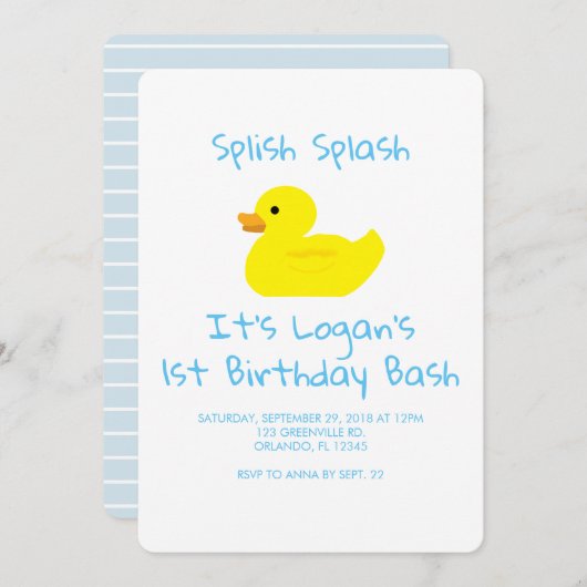 ラバーダックストライプの最初の誕生日パーティーの招待 招待状 (正面/裏面)