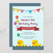 ラバーダックスブルーストライプ誕生日招待状 招待状 (正面/裏面)