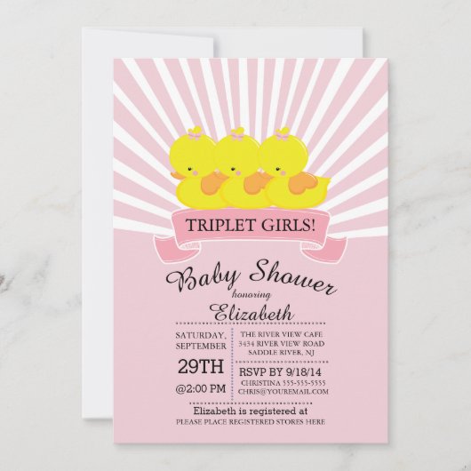 ラバーダックトリプレットガールズベビーシャワー招待状 招待状 (正面)