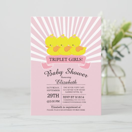 ラバーダックトリプレットガールズベビーシャワー招待状 招待状 (スタンド正面)