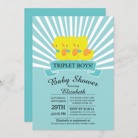 ラバーダックトリプレットボーイズベビーシャワー招待状 招待状 (正面/裏面)