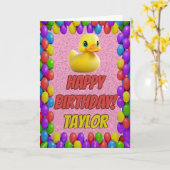 ラバーダックパーソナライズされたおもしろい挨拶誕生日 カード (黄色い花)