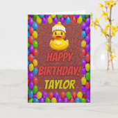 ラバーダックパーソナライズされたおもしろい挨拶誕生日 カード (黄色い花)