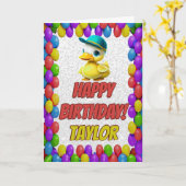 ラバーダックパーソナライズされたおもしろい挨拶誕生日 カード (黄色い花)