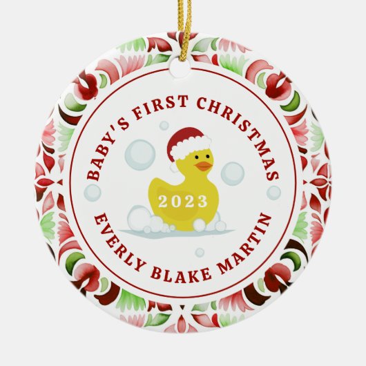 ラバーダックベビーの初めてのクリスマス写真 セラミックオーナメント (正面)