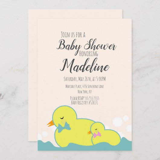ラバーダックモダンベージュベビーシャワー 招待状 (正面/裏面)