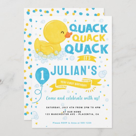 ラバーダック最初の誕生日パーティブルーイエロー 招待状 (正面/裏面)