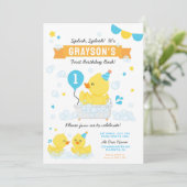 ラバーダック最初の誕生日パーティブルーイエロー 招待状 (スタンド正面)