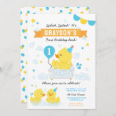 ラバーダック最初の誕生日パーティブルーイエロー 招待状 (正面/裏面)