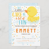 ラバーダック最初の誕生日パーティブルーイエロー 招待状 (正面/裏面)