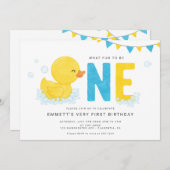 ラバーダック最初の誕生日パーティブルーイエロー 招待状 (正面/裏面)