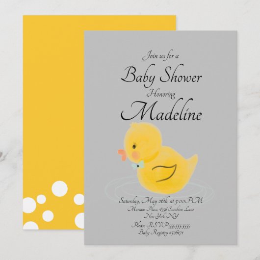 ラバーダック水色の灰色の赤ちゃんシャワー 招待状 (正面/裏面)
