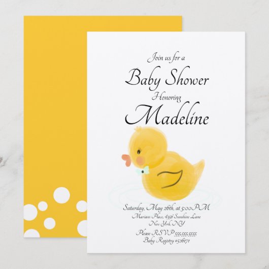 ラバーダック水色ベビーシャワー素朴 招待状 (正面/裏面)