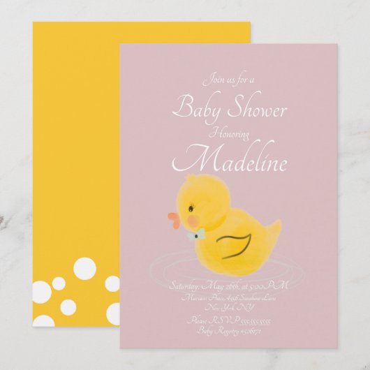 ラバーダック水色赤面ベビーシャワー 招待状 (正面/裏面)