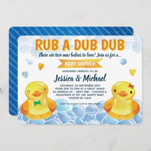 ラバーダック男の子 – 女の子ツインベビーシャワー 招待状 (正面/裏面)