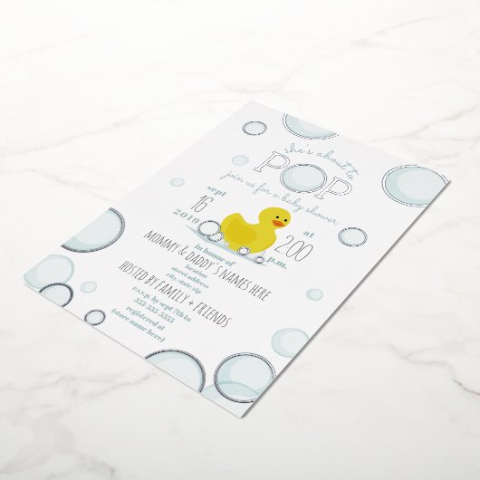 ラバーポップ・アートのダックの泡に赤ちゃんシャワー 箔招待状 (回転した状態)