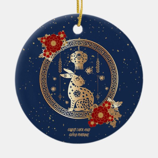 ラバ中国のス2023年の新年ブルー金ゴールドフローラ セラミックオーナメント (正面)