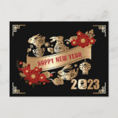 ラバ中国のス2023年新年ブラック金ゴールドフローラ ポストカード (正面)