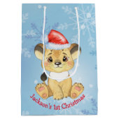 ラパーソナライズされたイオン第1クリスマス男の赤ちゃんブルー  ミディアムペーパーバッグ (裏面)